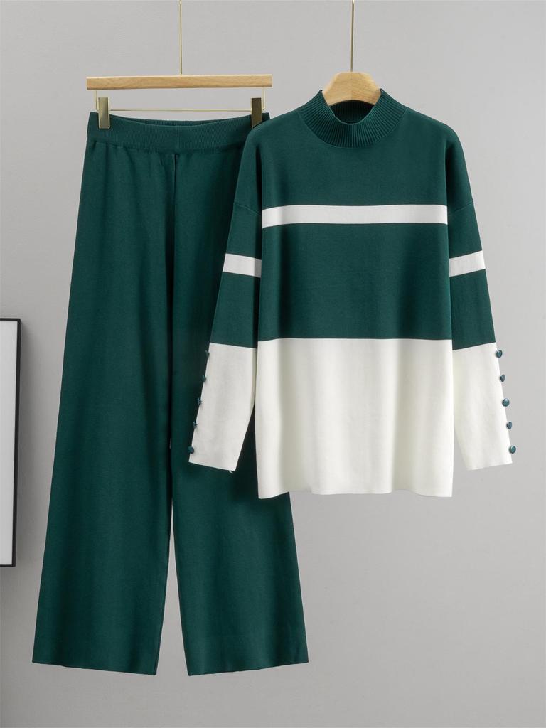 European Trendy Striped Sweater & Wide-Leg Pants Set for Women - Autumn/Winter Fashion Two-Piece