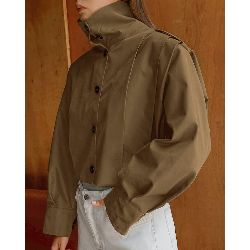 Women Pleated Lapel Pilot Jacket Loose Long Sleeve Casual Khaki Coat