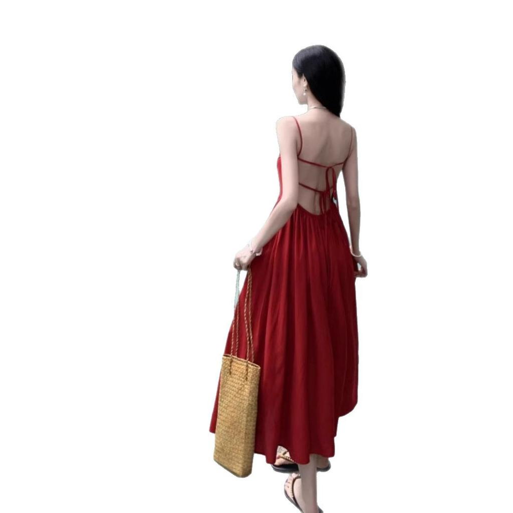 Yunnan Dali Wears a French Red Suspender Dress for Women's Sexy Backless, Suitable for Seaside Vacation Photo Skirts