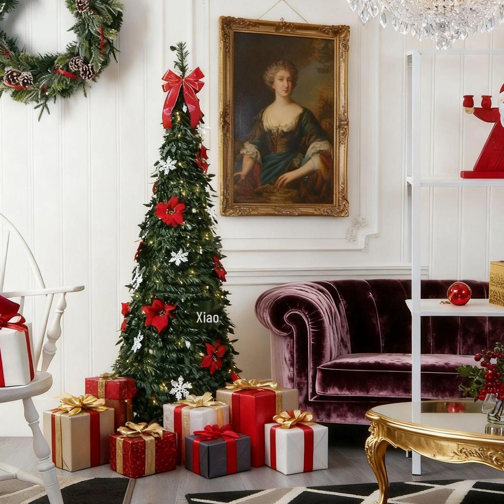 Luxury Folding Telescopic Christmas Tree with Warm Lights - Green Flocking Floor-Standing Decor