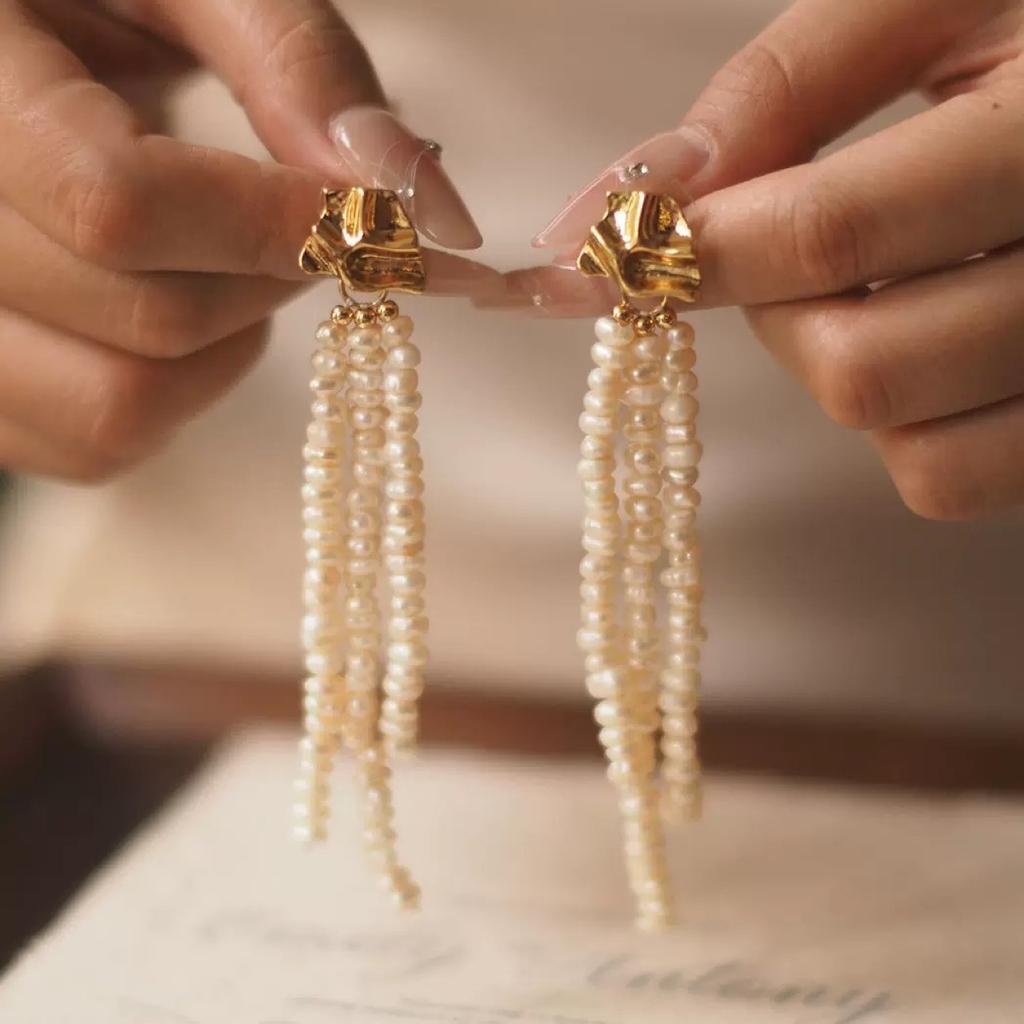 Fashion French long natural pearl earrings special-shaped fringed stud earrings retro design court temperament small fragments tide