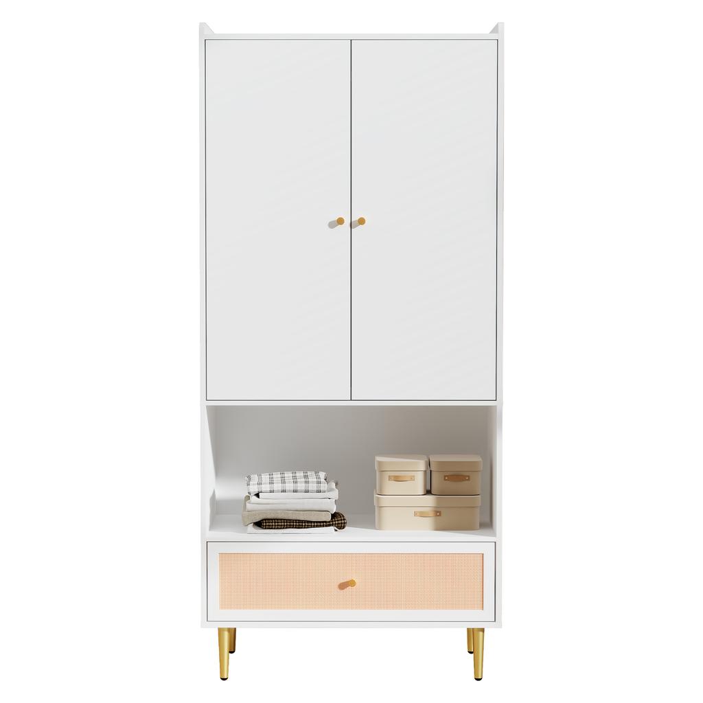 Wardrobe with 2 Doors, Large Rattan Drawer and Clothes Rail. With Metal Legs and Handles – Perfect for Bedroom and Living Room. White, 80x48x175 Cm