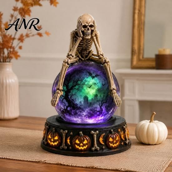 Spooky Home Ornament LED Lighted Halloween Faux Crystal Ball Decoration, Resin Witch/Skeleton/Cat/Ghost Figurine with Detailed Claw Bone