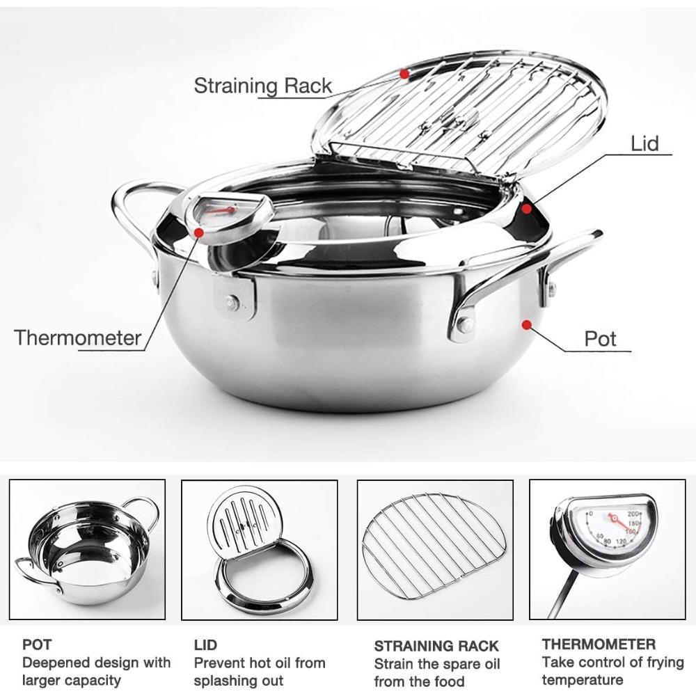 304 Stainless Steel Deep Fryer Pot with Lid Tempura Fry Pot Tempura Deep Fryer with Thermometer Control and Oil Drain