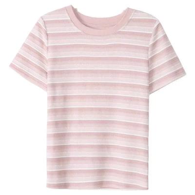 Women's Pink and White Striped Textured T-Shirt with Crew Neck Short Sleeve Casual Top