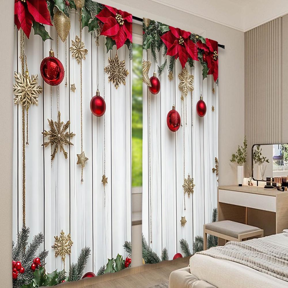 Flat Printing Christmas Hot Curtains Festive Ornaments Digital Printed Polyester Drapes Birthday Party Use Set Of 2 Made