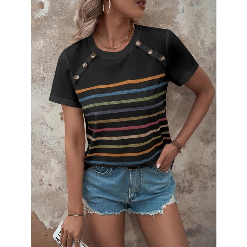 Women's Summer Striped Printed Patchwork Button Short Sleeved Casual Top for Women T-Shirts