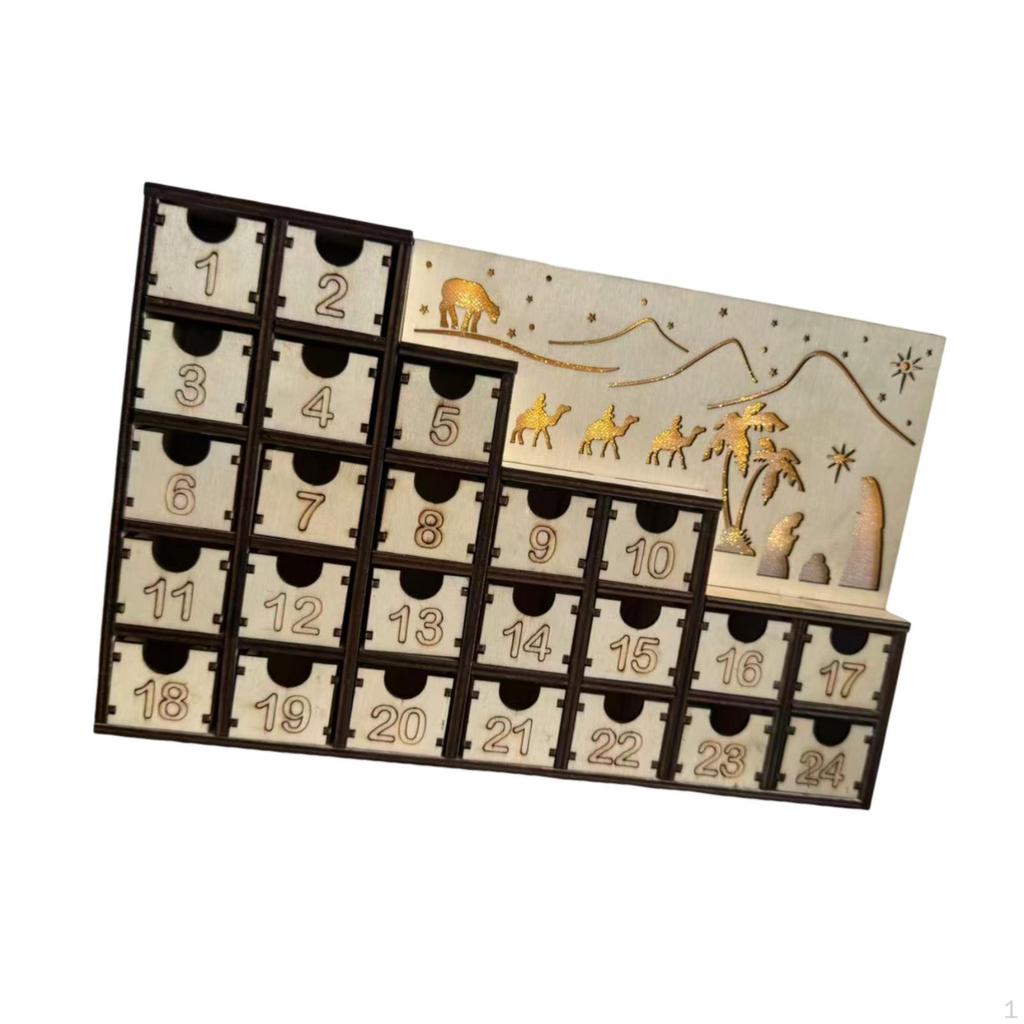 Christmas Wooden Advent Calendar with LED Lights,Cabinet Gift Home Decoration Nativity Scene for