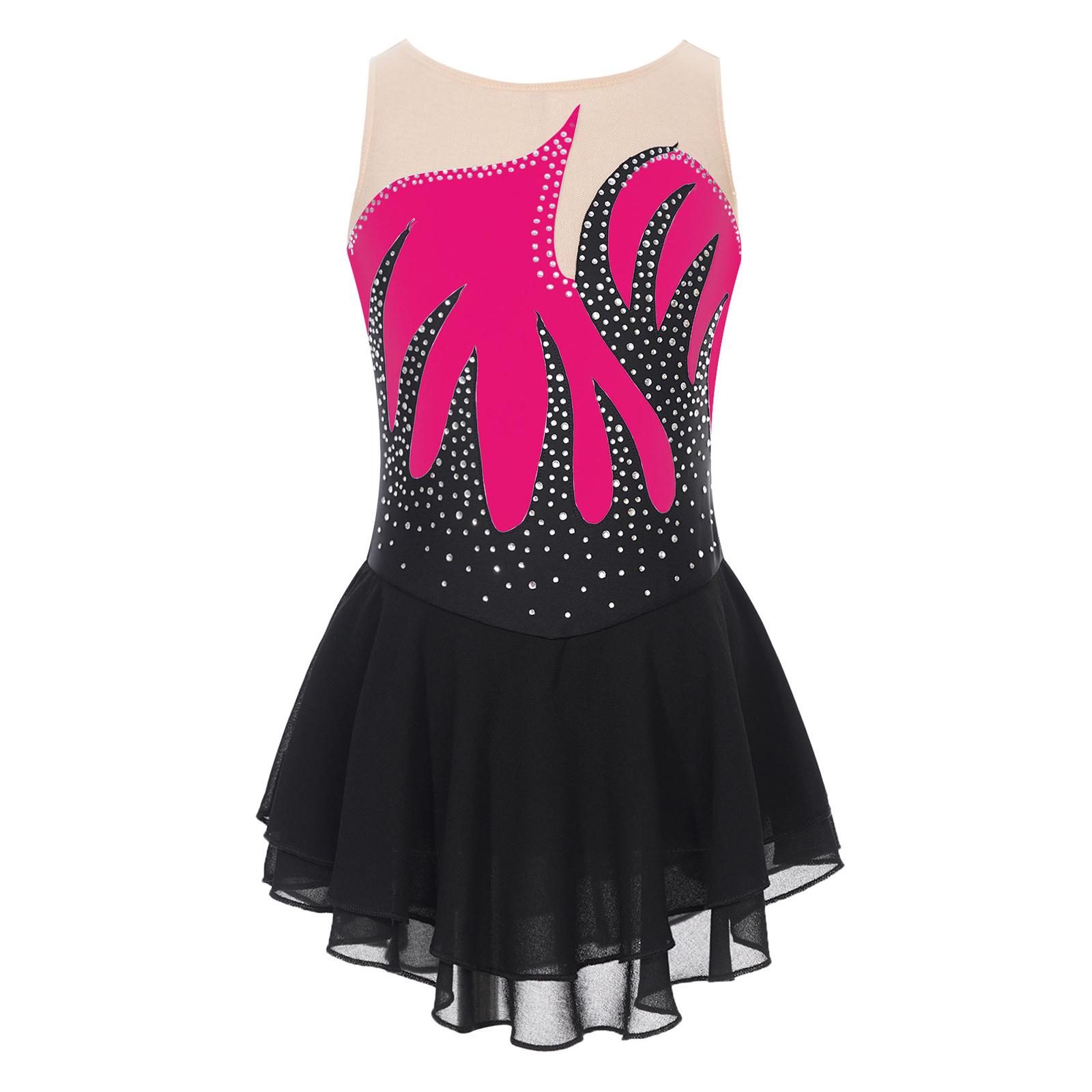 

Girls Shiny Rhinestone Sleeveless Figure Skating Dress Color Block Sheer Mesh Dance Costume for Performances 7-8 Years