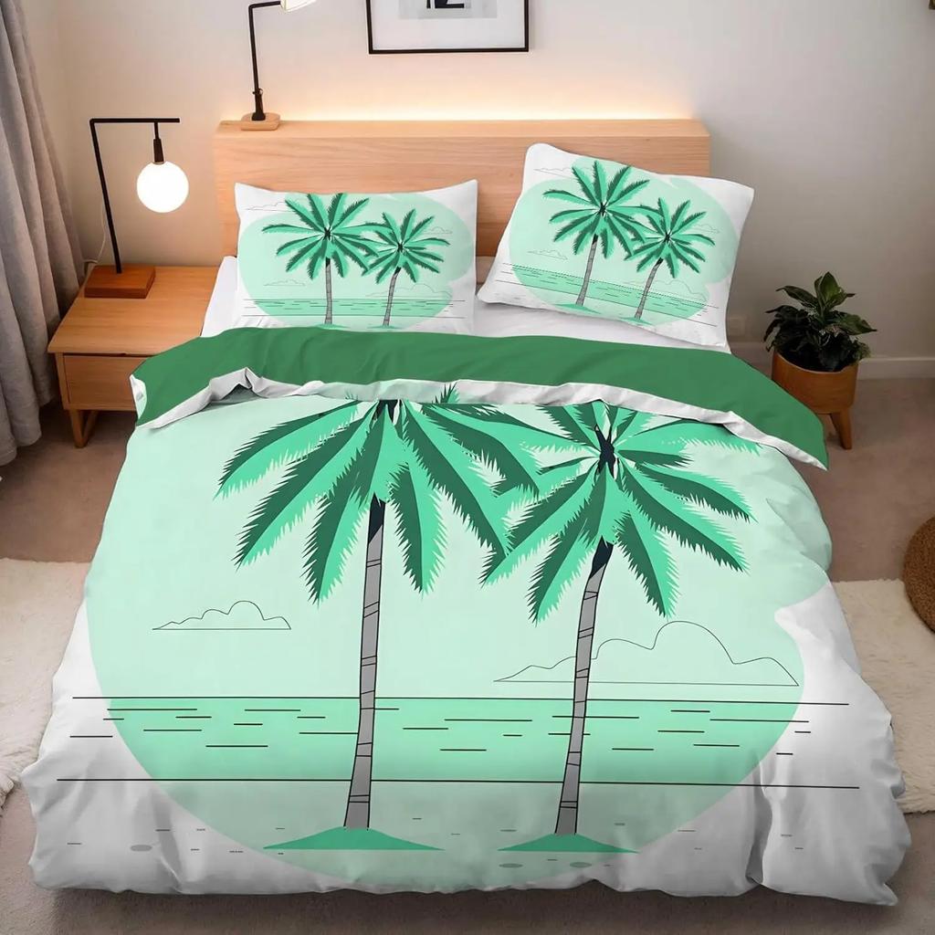 Seaside Coconut Trees Single Duvet Cover Set, Microfiber Bedding Set with Zipper Closure and 1/2 Pillowcases, for Boys and Girls