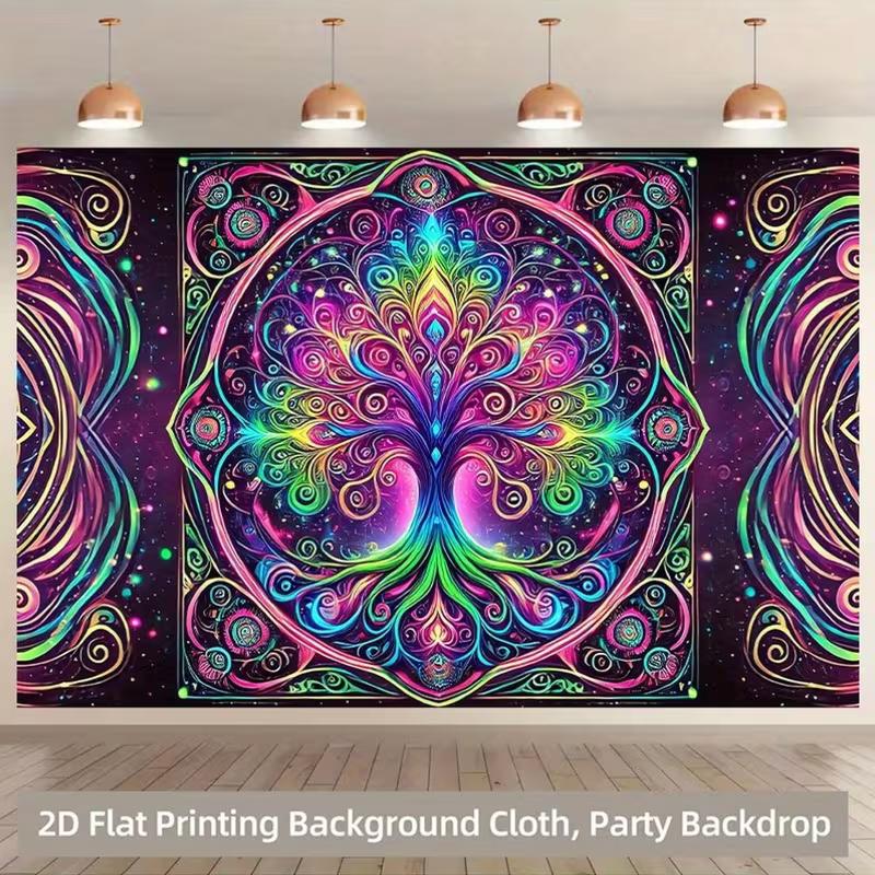 2D Psychedelic Tree of Life Backdrop, Neon Mandala Party Background 47.2x31.5inch/120*80cm