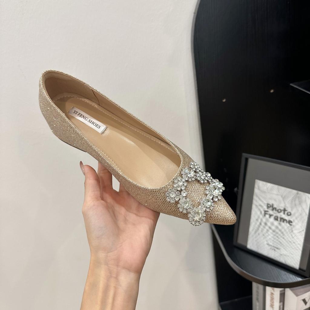 Small inner height increase women's shoes flash snowflake buckle rhinestone square buckle French single shoes flash dinner shallow mouth women's shoes