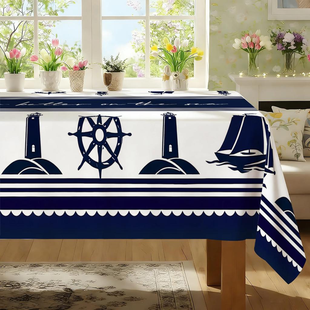 1 pezzo di tovaglia stampata in stile nautico estivo, blu navy con strisce bianche, yzb