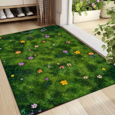 Spring Rug Fresh Grass Green Background Large Rug, Small Flowers Scattered Bloom Printed Carpet, Easy-To-Clean Room Mat,door Mat