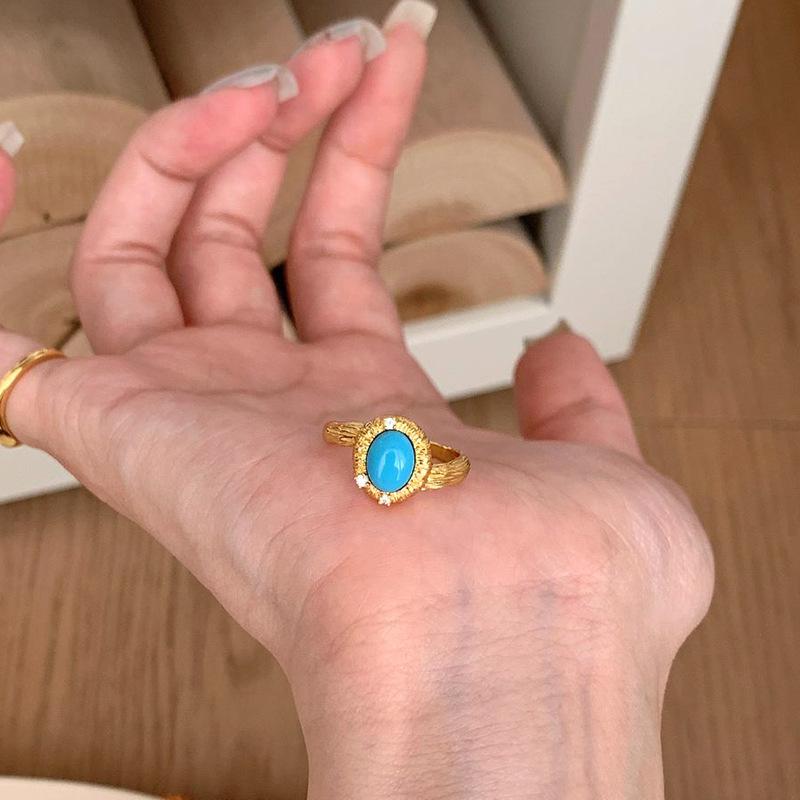 Exquisite Turquoise Rings for Women Vintage Palace Style Light Luxury Wire Drawing Blue Ring Party Wedding Romantic Jewelry