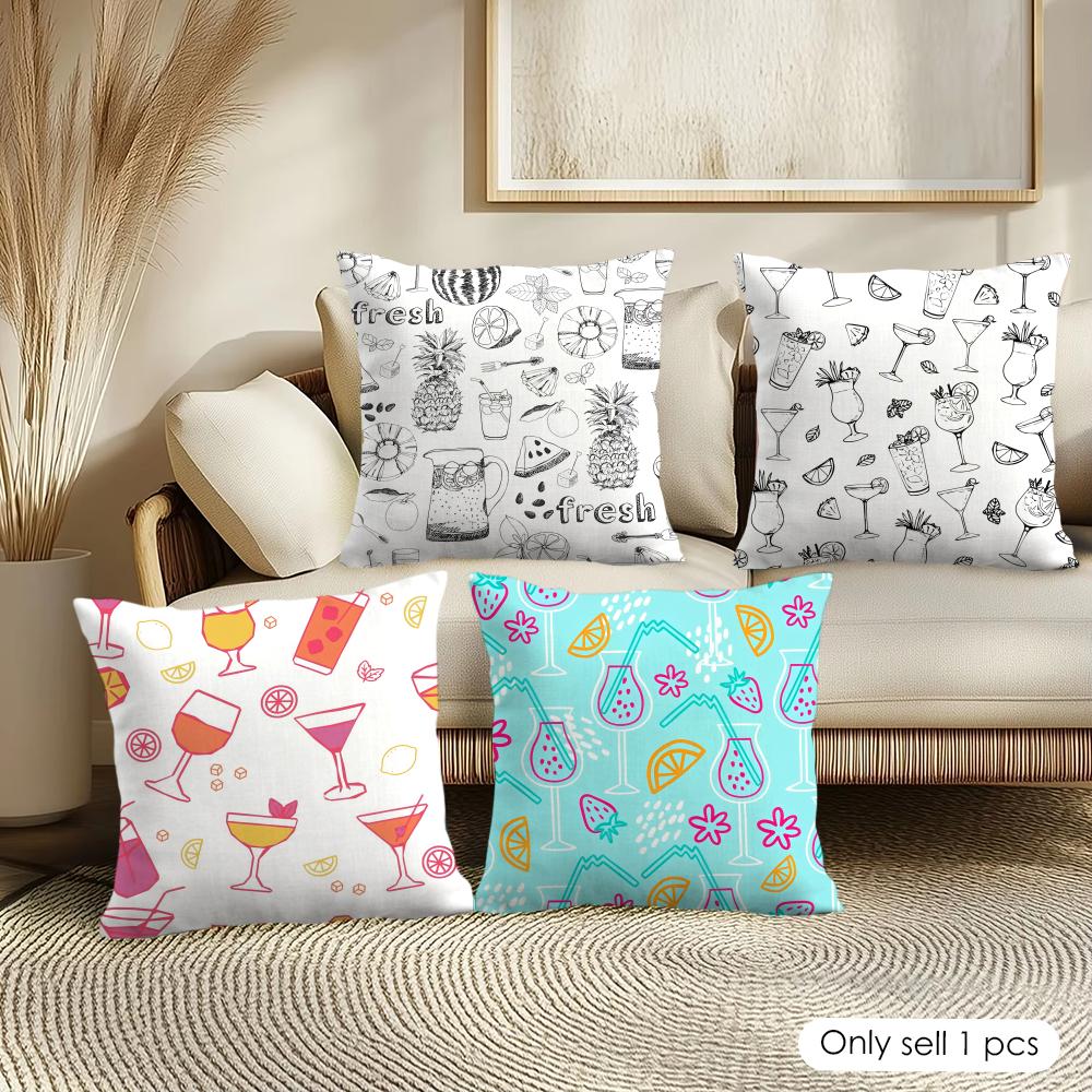 Cocktail Pattern Cushion Cover Soft Short Plush Pillow Cover Smooth Cozy Texture Aesthetic Cushion Case Home Decor