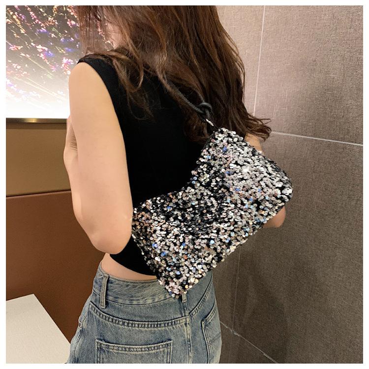 Summer New Texture Casual Foreign Sequined Shoulder Bag Personalized Ins Simple Messenger Large Capacity Baguette Bag Women's Bag