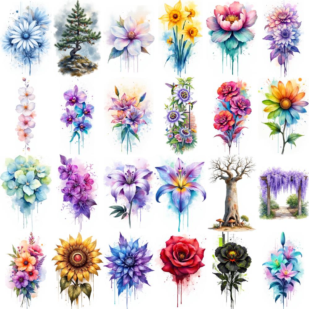 9pcs Temporary Tattoo Watercolor Wisteria Arch Sunflower Pine Tree For Chest Children Arms