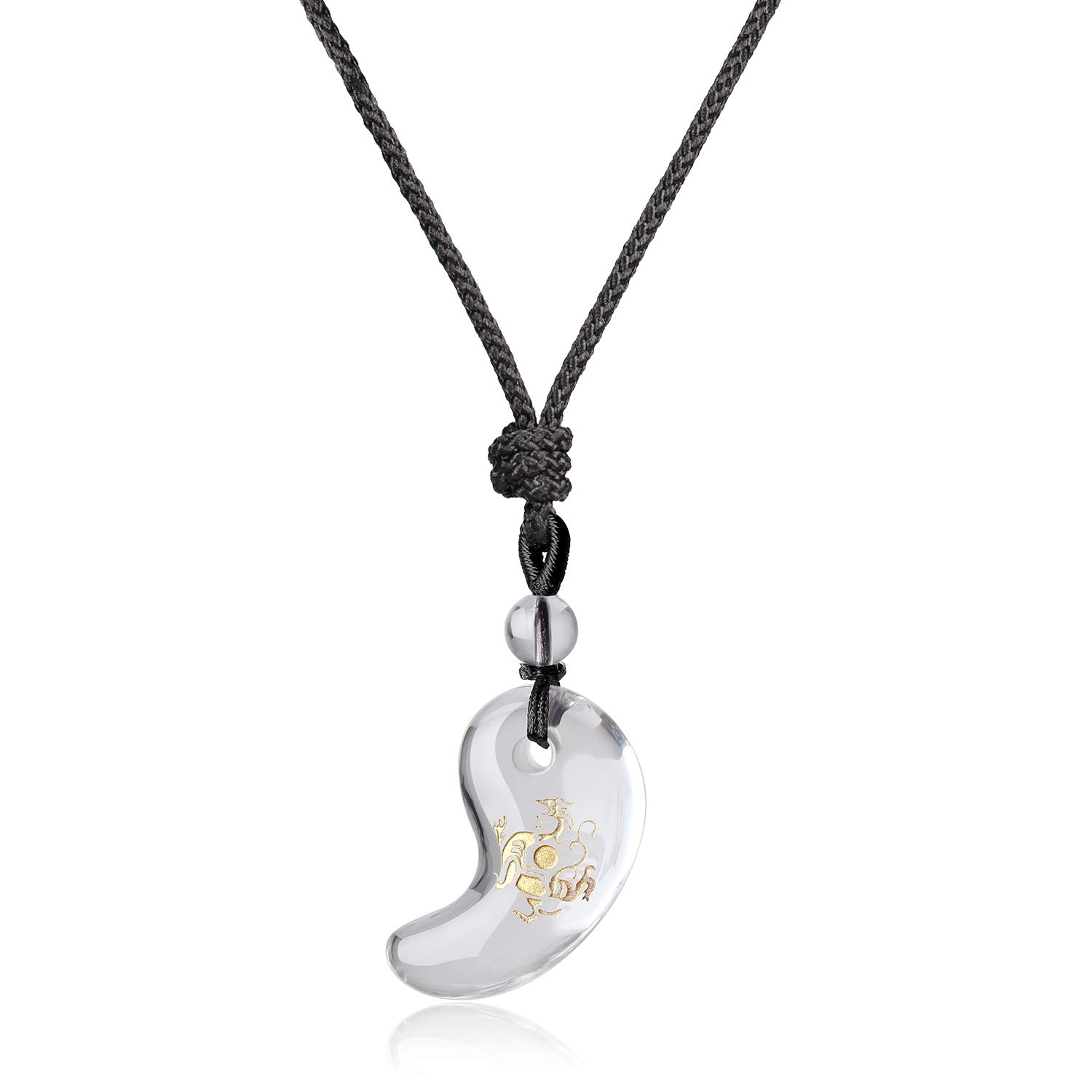 [KOAI] Gold-carved Four Divine Beasts Crystal Azure Dragon Lucky Magatama Amulet PendantNecklace - Adjustable Length - Men s & Women s