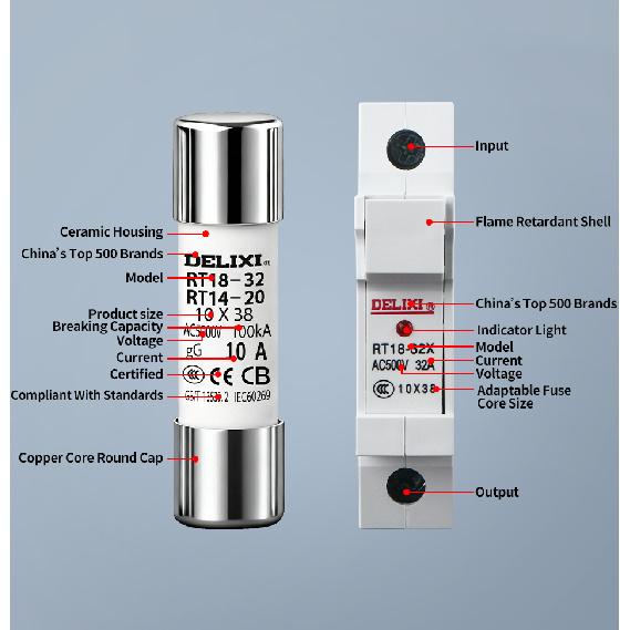 Delixi RT18-32X Holder Indicator Light Rail Mounted10×38mm Fuse Base Circuit Protection 500V AC Industrial Grade Electrical Fuse Relays 5