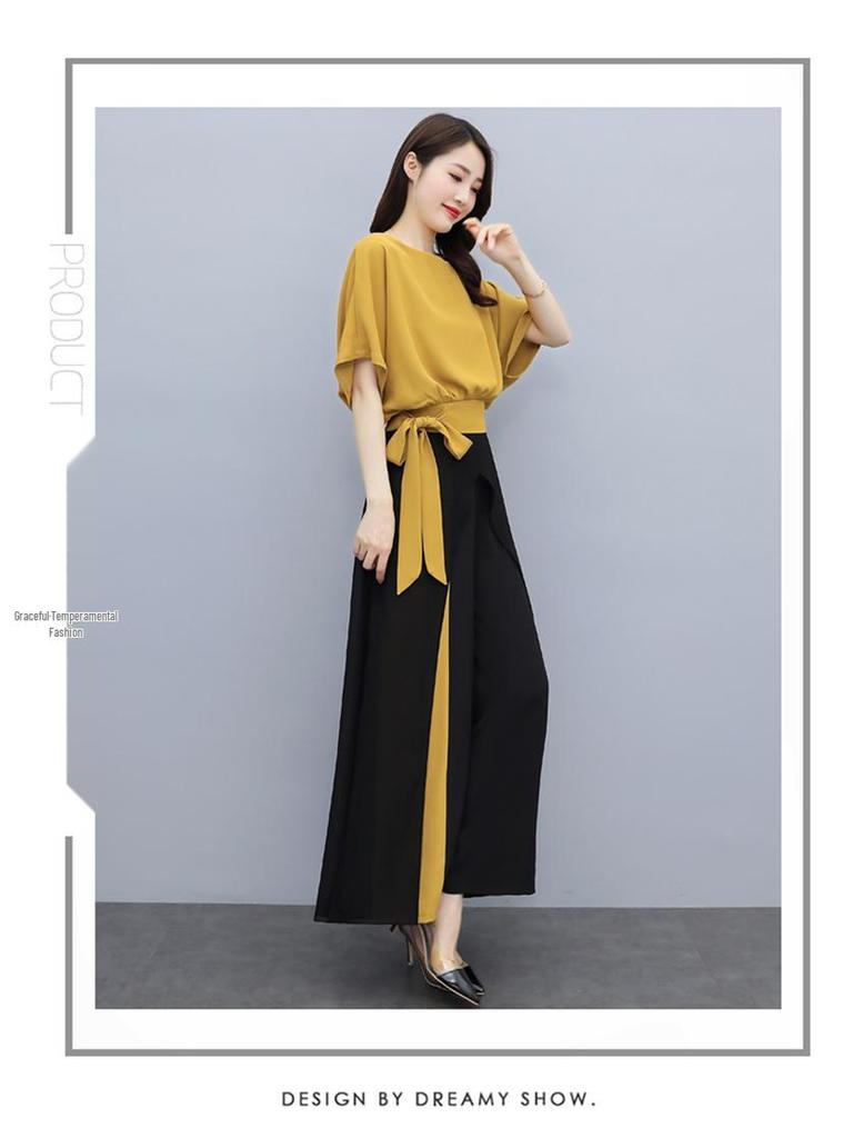 2022 Summer Chiffon Wide-Leg Pants Set: Elegant Goddess Style Two-Piece for Women - Fashionable, Drapey, Slimming.