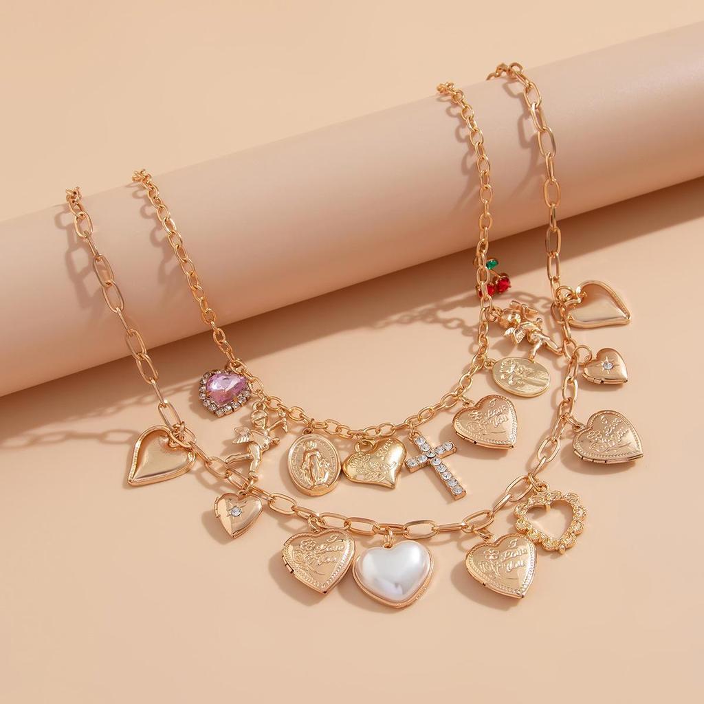 European-American Love Pendant Alloy Necklace with Diamond Cross Clavicle Chain, Stacking Style