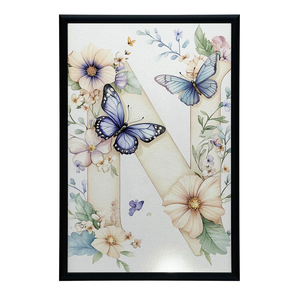 Plakat Kwiatowa Litera N Z Motylkami Plakat Kwiatowa Litera N Z Motylkami, 30X40 Cm, Rama Drewniana Jasny Dąb, Papier Matowy 230 Gsm