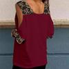 Women Half Sleeve V Neck Cold Shoulder Leopard Patchwork T-shirt Blouse
