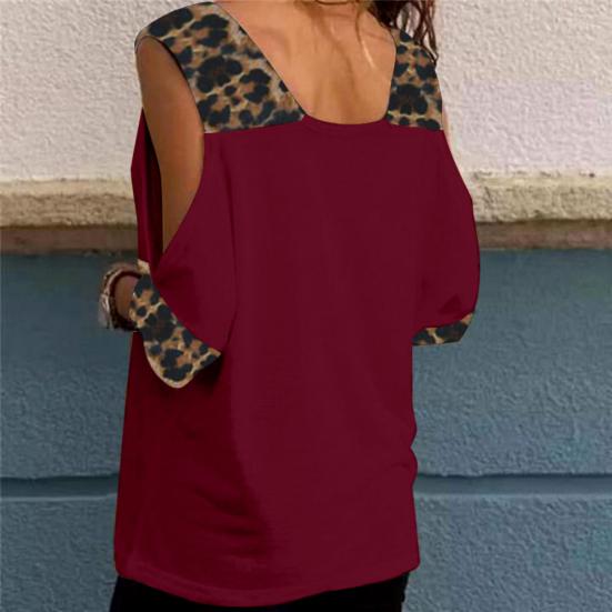 Women Half Sleeve V Neck Cold Shoulder Leopard Patchwork T-shirt Blouse