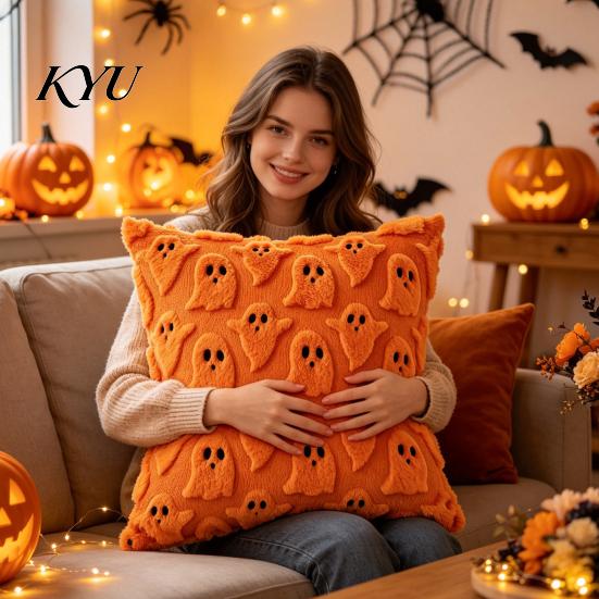 Cozy Halloween Ghost Cushion Covers 2Pcs Covers, Plush Throw Pillow 18x18 Decorative Pillowcase Inch Cases for Sofa Bed Couch Chair Theme Home