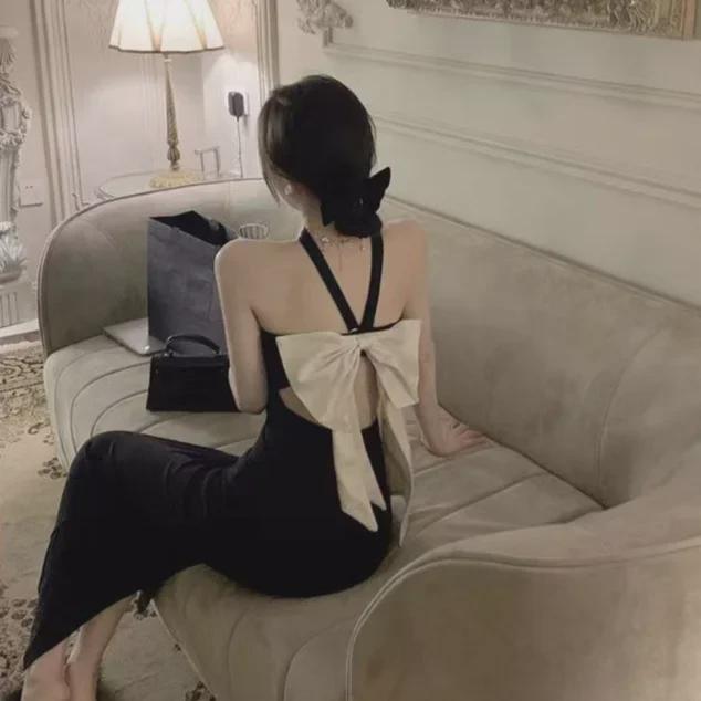 Black Halter Neck Summer Dress: Sexy Bow, Slim Fit, Short with Slit