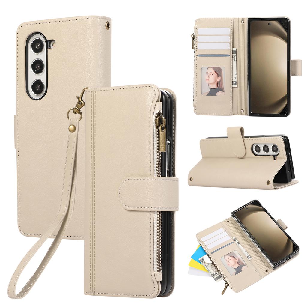For Samsung Galaxy Z Fold7 5G Case Multi Card Slots Zipper Leather Phone Cover with Wrist Strap