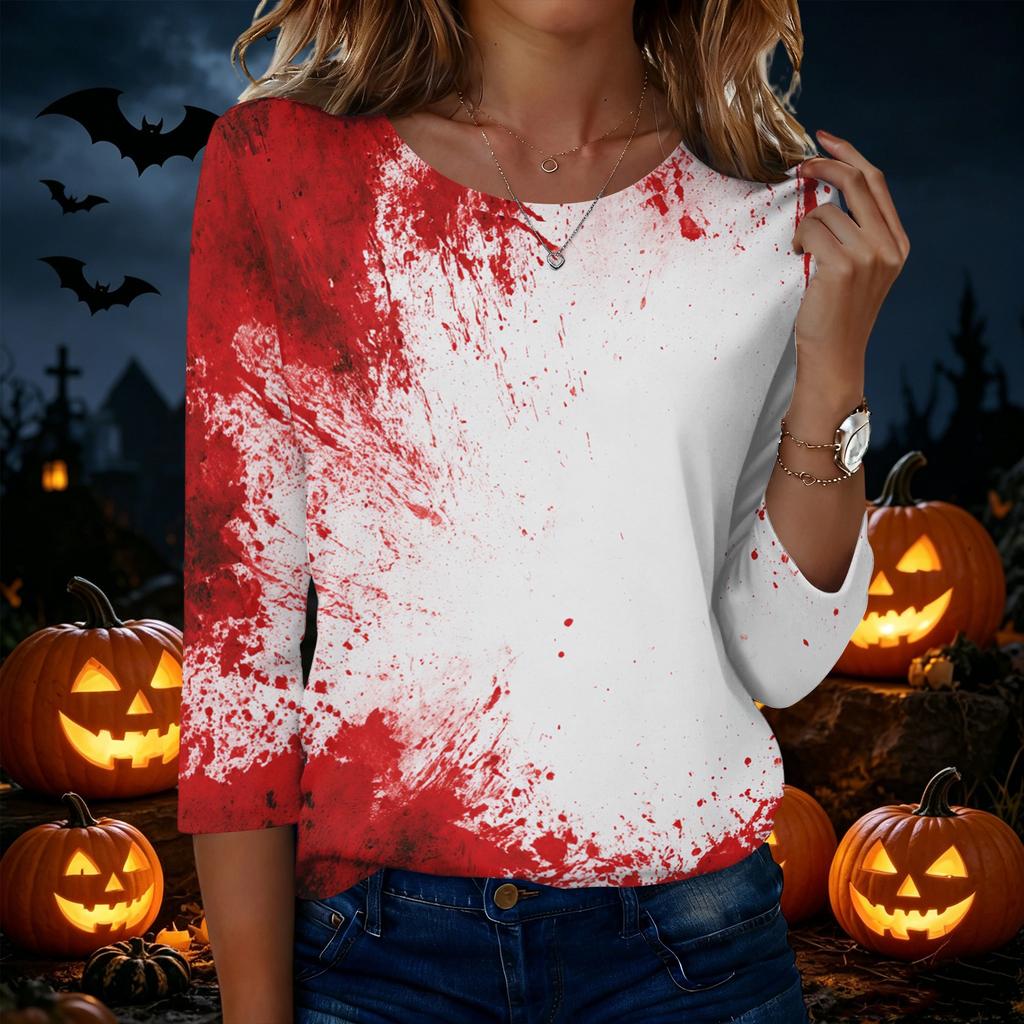 Women's Casual Crew Neck Three Quarter Sleeve Halloween Graphic T-Shirt Top Lightweight Comfortable Fit for Everyday Wear
