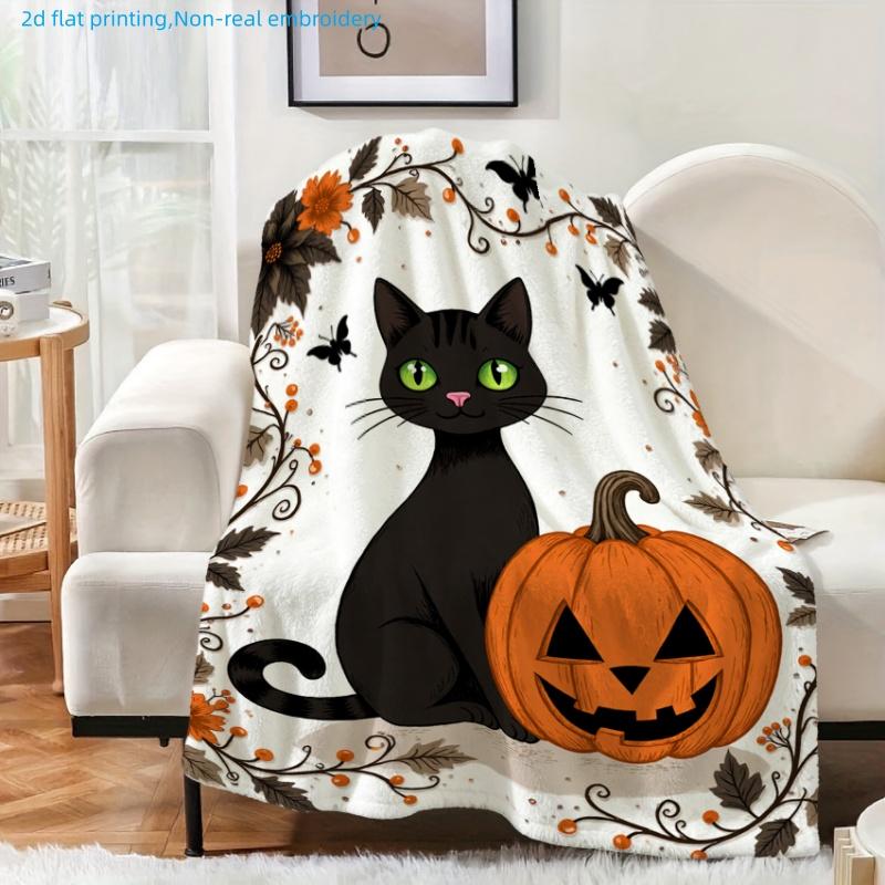 1pc Black Cat Pumpkin Print Blanket, Halloween Theme, Multi-Size Available, Suitable for Living Room, Bedroom, Study, Office, Outdoor