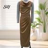 Noble Color Women Dress Women's Satin Ruched High Slit Bodycon Maxi Sexy Sleeveless Evening Cocktail Party Wedding Guest Formal Prom Gown
