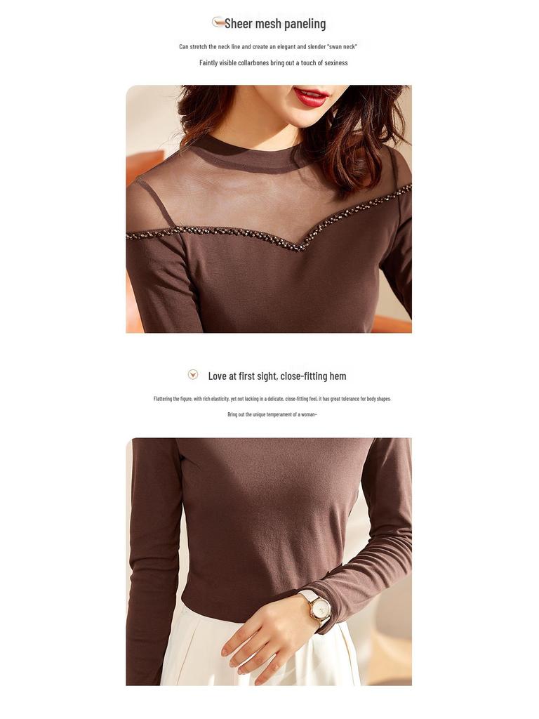 Women's Retro Beaded Black Mesh Long Sleeve Slimming Top - 2023 Spring/Autumn Collection
