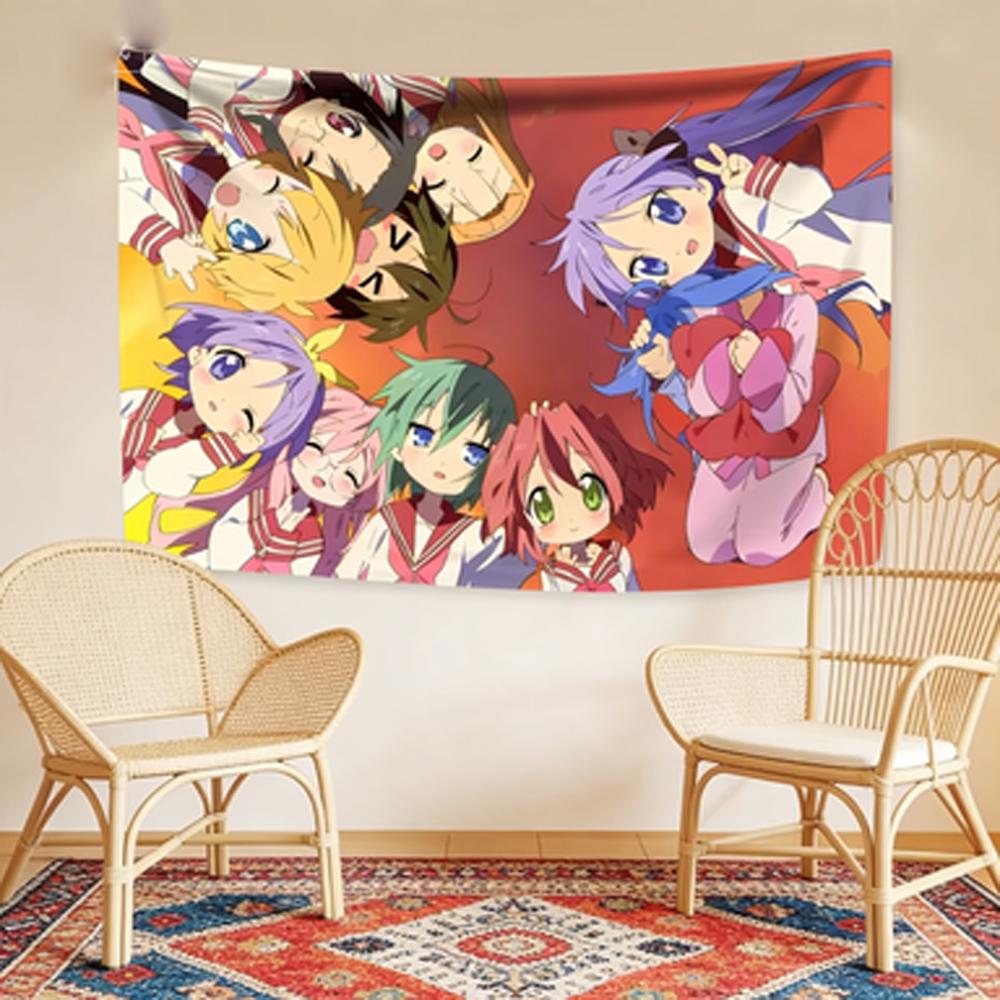 Lucky Star Full Cast Otaku Kawaii Tapestry Girly Decor Bedroom Wall Styling Kawaii Photo Backdrop