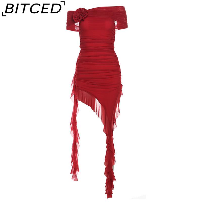 

BITCED Spring Women s Solid-Color Slim-Fit High-Waisted Fashion Off-the-Shoulder Strapless Dress L красный