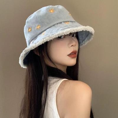 Foldable Women's Sun Hat Flower Embroidery Fisherman's Hat Denim Bucket Hat  Summer Outdoor