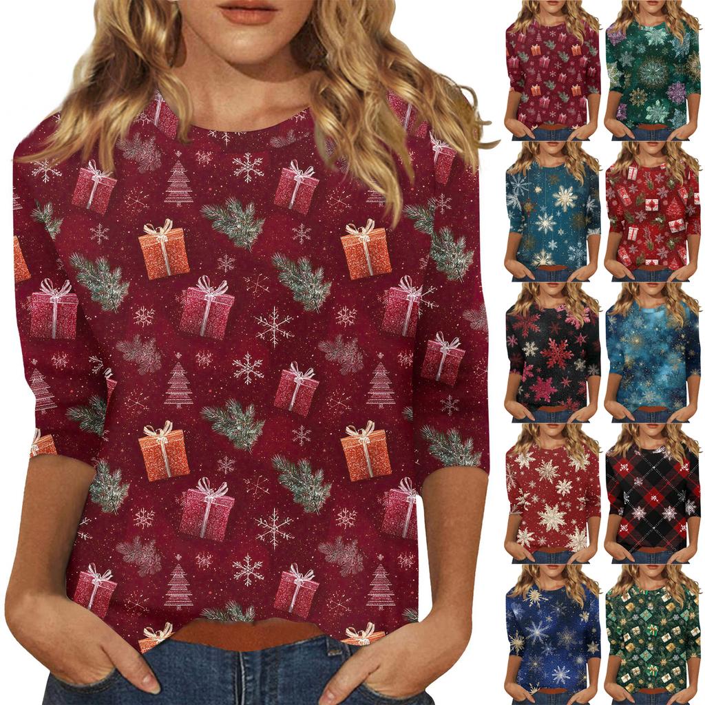 3/4 Sleeve Shirts For Women Print Christmas Tees Blouses Casual Plus Size Basic Tops Pullover