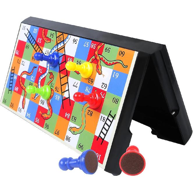 KIDAMI Magnetic Snakes and Ladders Game Set with Storage Box, Folding Design and Light-Weight, Gift for Kids and Adults (9.75 Inches)
