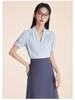 Women's Professional Short Sleeve V-Neck Satin Blouse - Iron-Free, Wrinkle-Resistant, Blue.