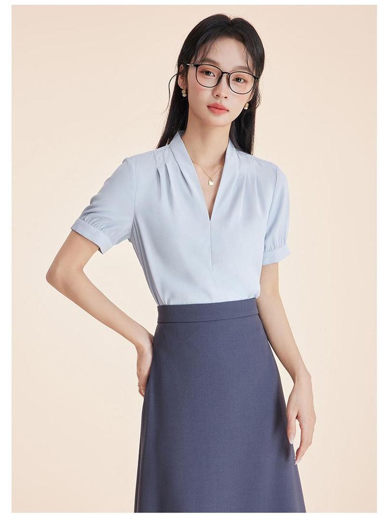Women's Professional Short Sleeve V-Neck Satin Blouse - Iron-Free, Wrinkle-Resistant, Blue.