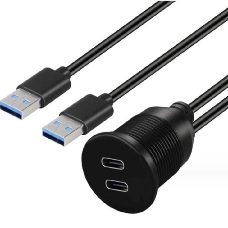 Waterproof Double USB 3.0 to Double Type C Chargers Extension Cable Panel Mount Cable for Car Dashboard Easy Installation