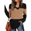 Women's V-neck Long-sleeved Patchwork Fitted Top T-shirt