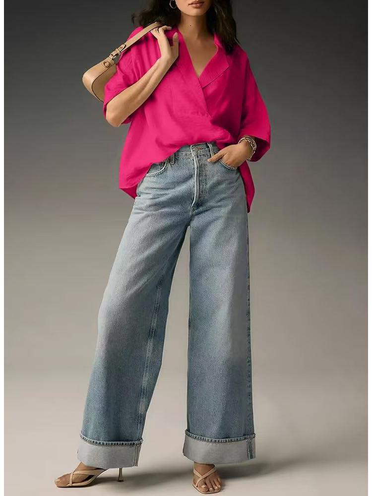 2025 Women's Casual Loose Short Sleeve Lapel Shirt - Solid Color, Summer Style