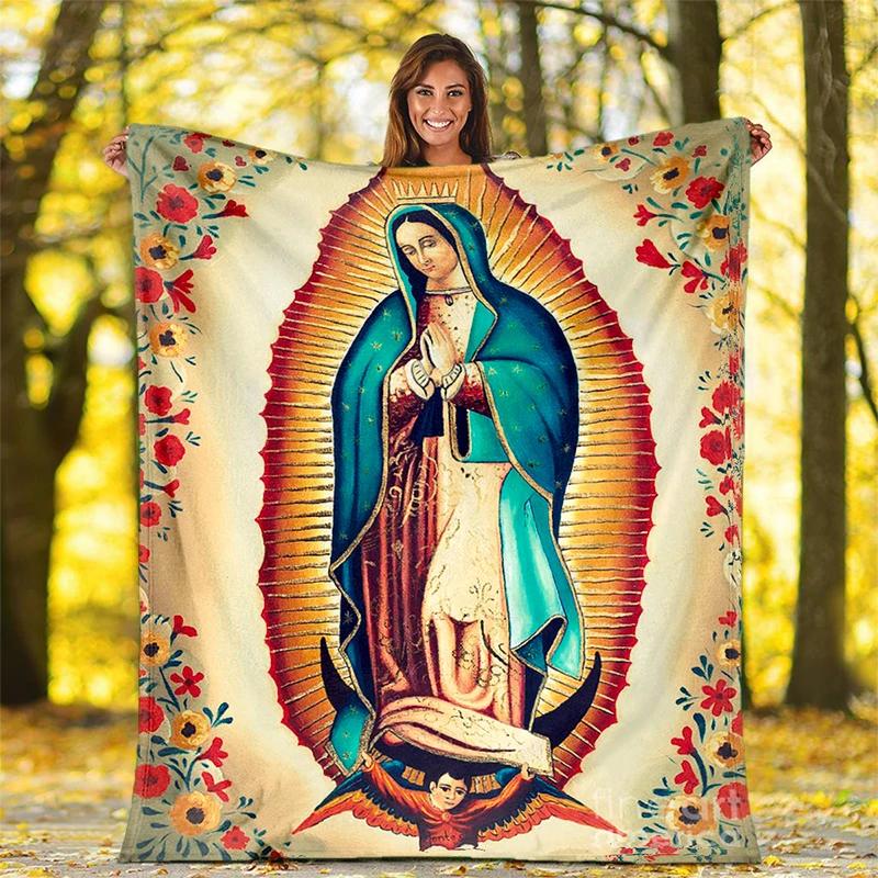 Our Lady of Guadalupe Pattern Flannel Throw Blanket Religion Mary Soft Cover Lightweight Warm for Bedroom Sofa Decor Kids Adults