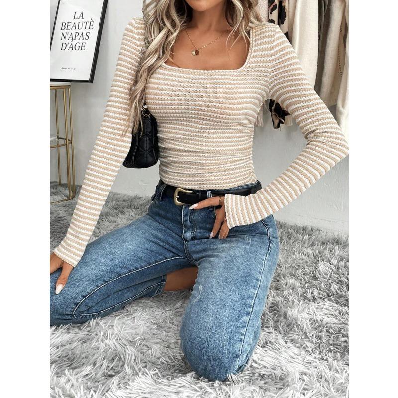 2025 Neues Damen-T-Shirt Quadratischer Ausschnitt Pullover Slim Fit Gestricktes Langarm-Unterziehshirt