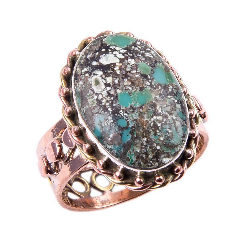 Natural Tibetan Turquoise Gemstone 925 Sterling Silver Two Tone Ring S.10.5 O7r41