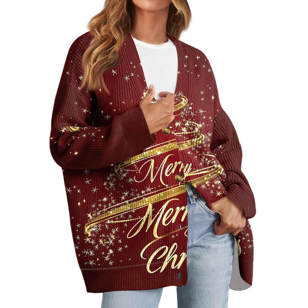 Women's Fashion Long Sleeve Christmas Print V-Neck Button Loose Cardigan Top